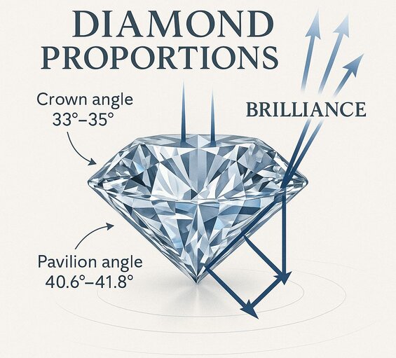 Image: Diamond Light Path Visualization - Shows how light travels through properly vs poorly proportioned diamonds, demonstrating brilliance differences
