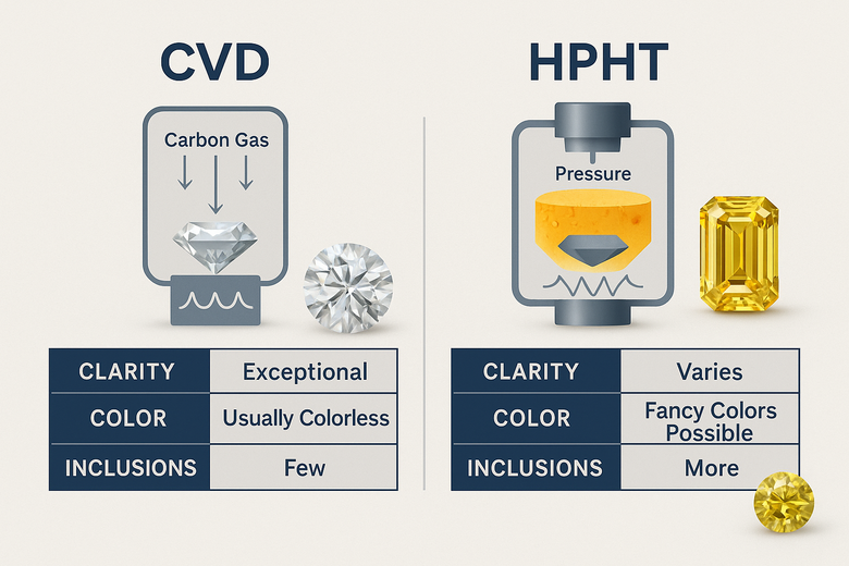CVD vs HPHT Lab-Grown Diamond Growth Process - Step-by-step visual comparison showing how each method grows diamonds, including temperature, pressure, growth time, and typical inclusion types for each process