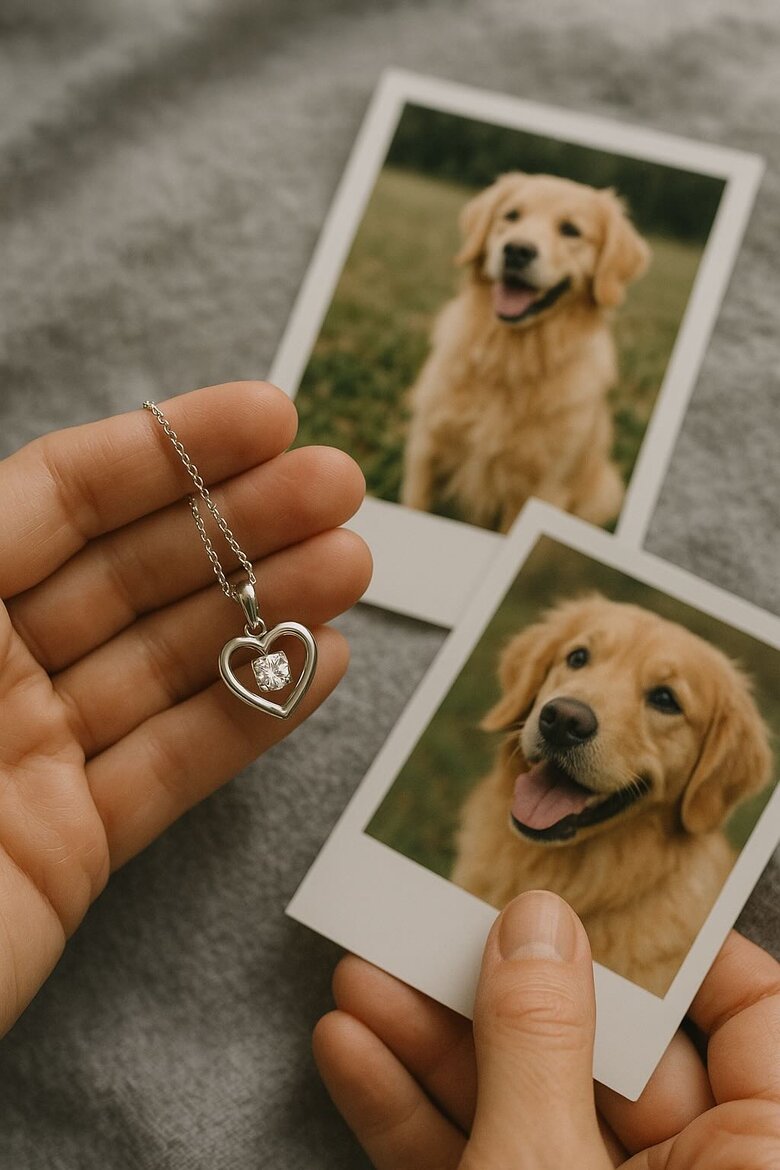 Soft, comforting image of someone holding a diamond pendant while looking at pet photos