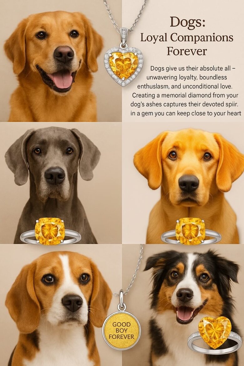 different dog breeds with corresponding diamond jewelry pieces
