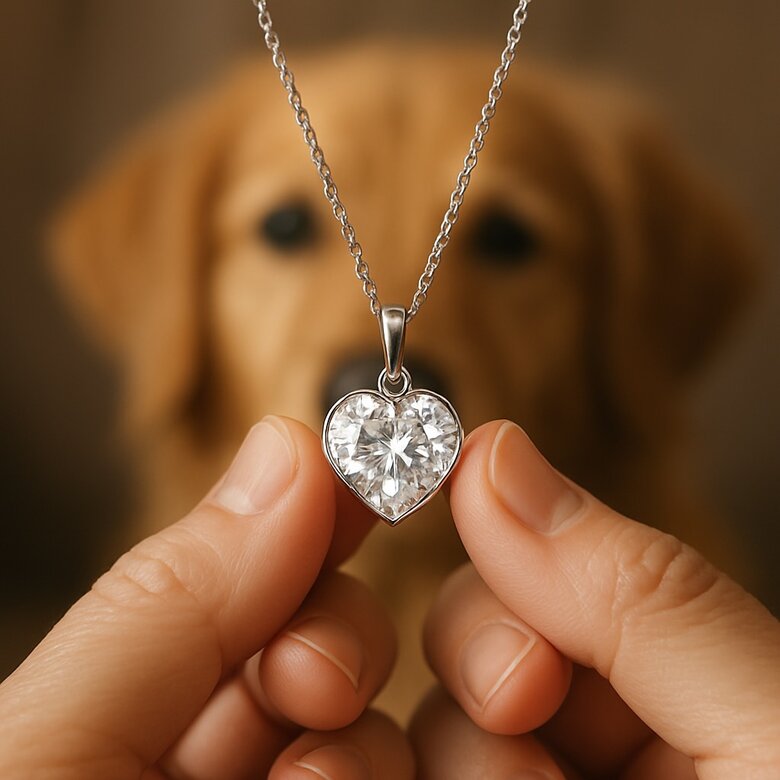 person holding a diamond pendant with the pet diamond