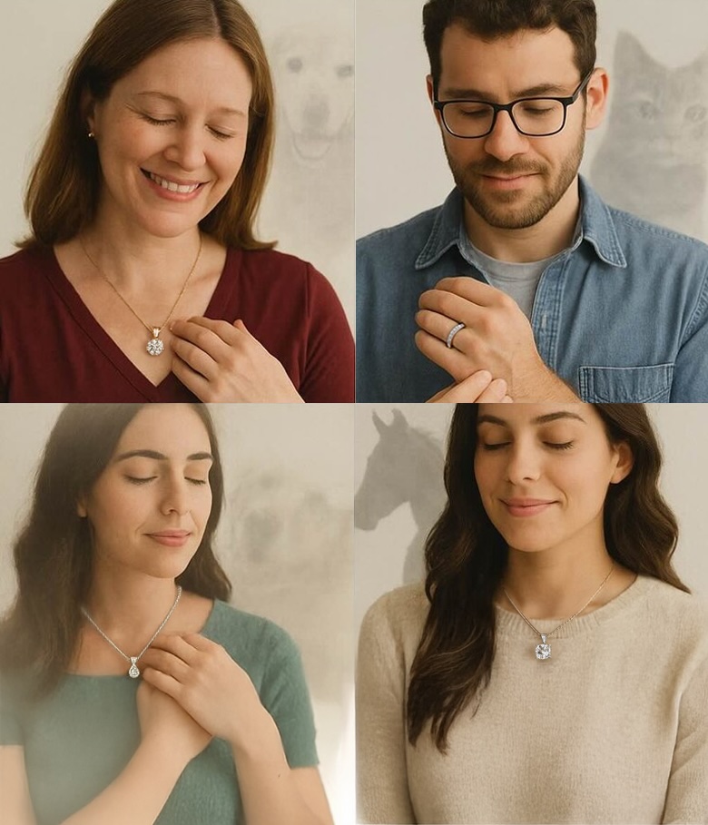 Collage of customers wearing their memorial diamonds with subtle pet images