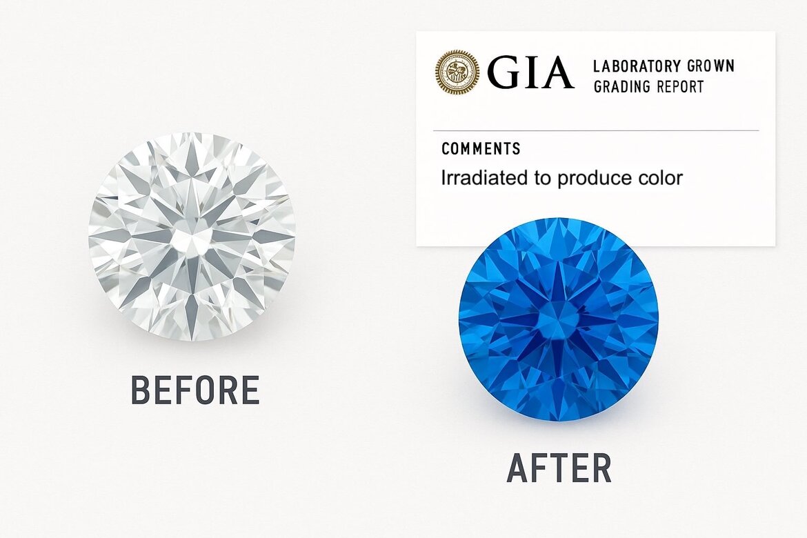 Before/after images of a lab-grown diamond showing the effect of color treatment