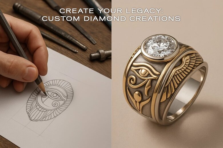 jeweler working on a custom design alongside a finished custom piece with Egyptian-inspired elements