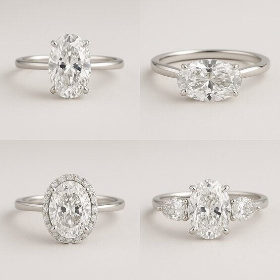 Oval diamond settings:Halo, North-South, Three-stone, North-South