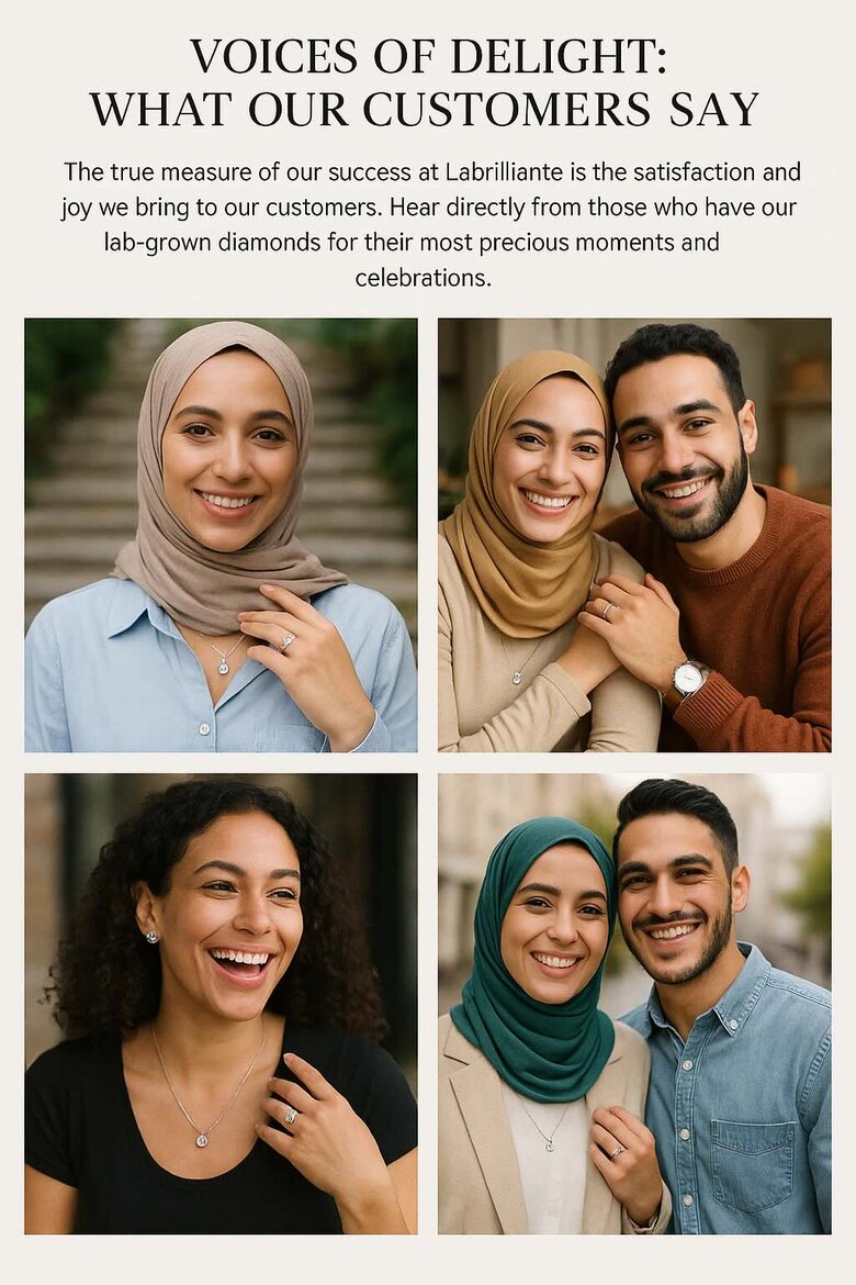 Collage of happy Labrilliante customers wearing their jewelry