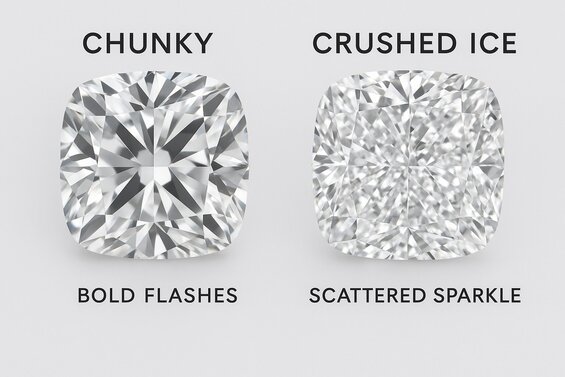 Comparison of chunky vs crushed ice Cushion Cut diamonds