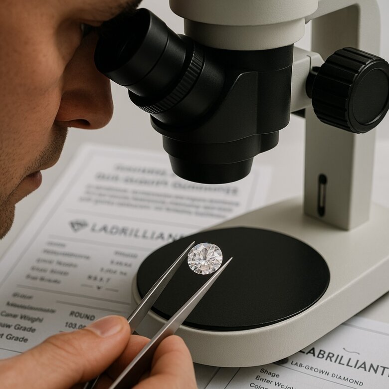 gemologist examining a Labrilliante diamond under specialized equipment