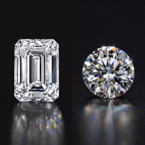 Side-by-side comparison of emerald cut vs round brilliant cut diamonds