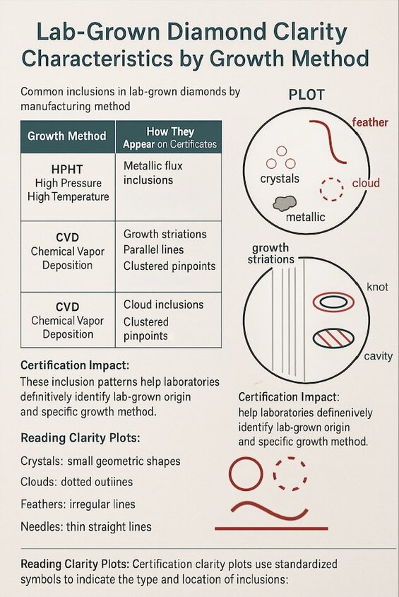 clarity plot from an actual lab-grown diamond certificate with explanations of different inclusion types