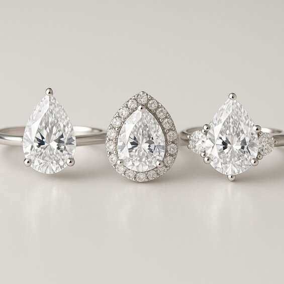 pear diamond rings showing solitaire, halo, and three-stone settings