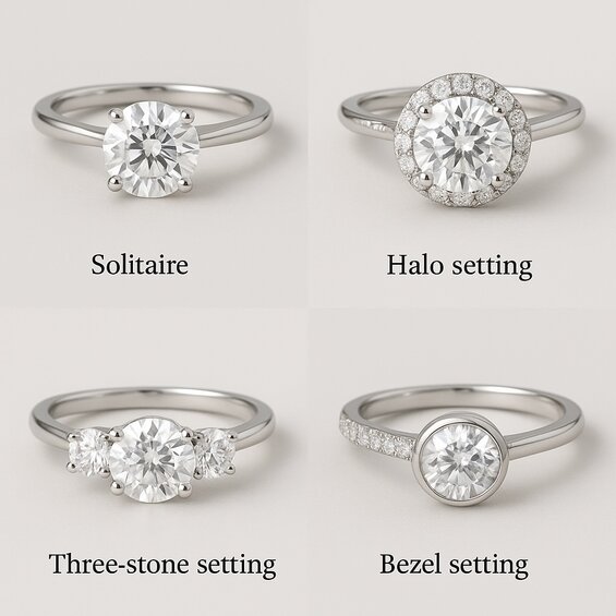 Round diamond settings: Solitaire, Halo, Three-stone, Bezel