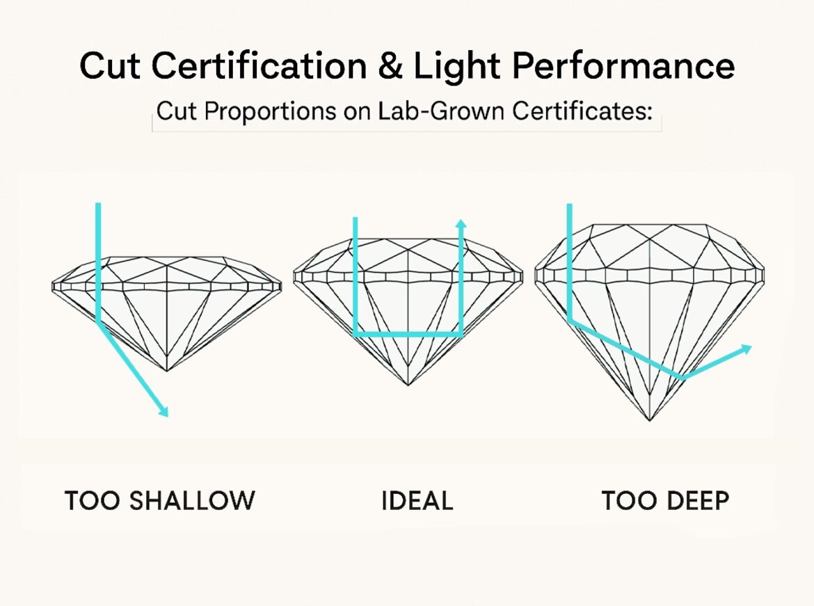 Diagram showing how different cut proportions affect light return in a lab-grown diamond