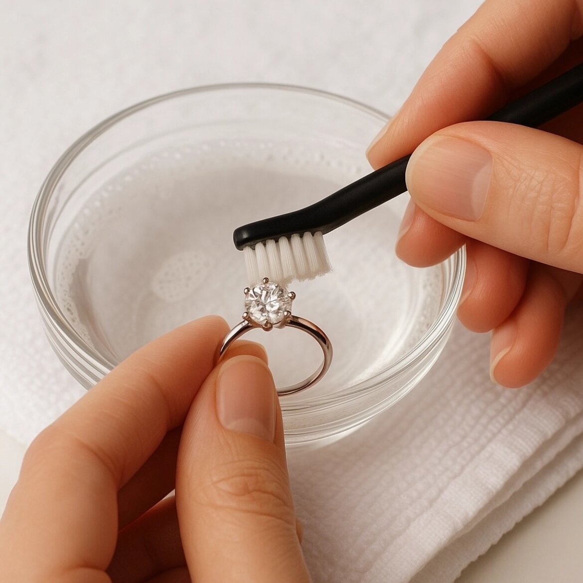 Jewelry being polished with a soft cloth