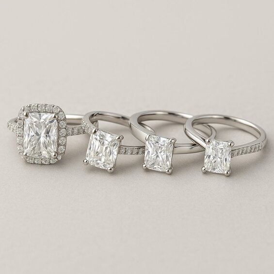 Collection of ring settings featuring radiant cut lab-grown diamonds in halo, pavé, tension, and split-shank