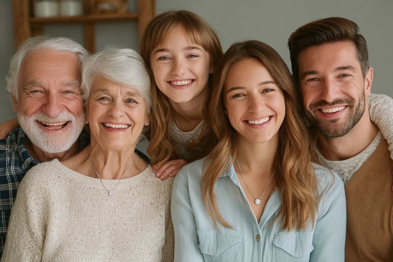 Multi-generational family photo with subtle sparkle effects on their memorial diamond jewelry