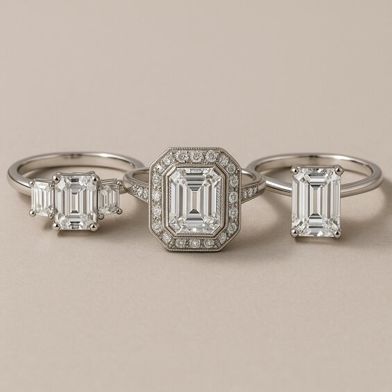 classic three-stone, Art Deco, and modern solitaire emerald cut settings